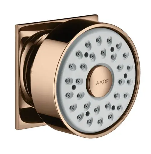 Runde Duschkopf-Variante in Polished Red Gold mit mehreren Duschstrahlen. Produkt von Hansgrohe, geeignet für die Montage in Badezimmer-Installationen.
